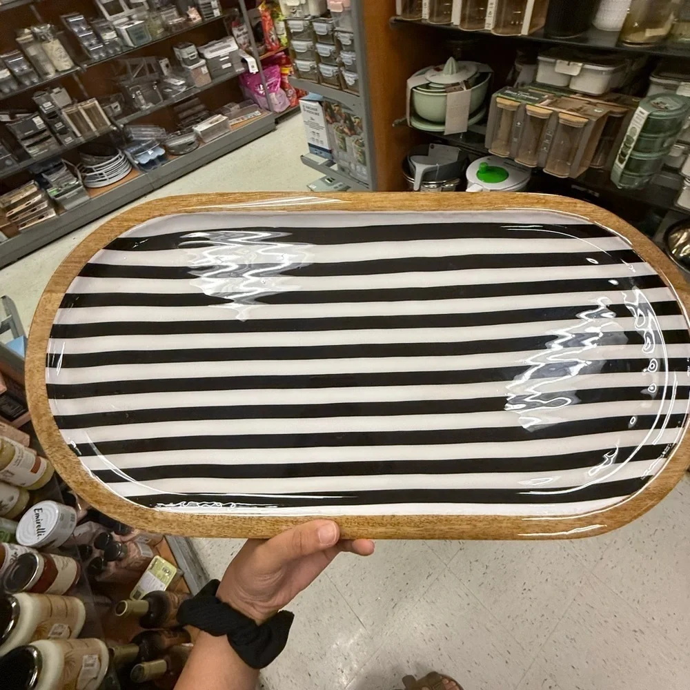 Black and White Striped Oval Tray
